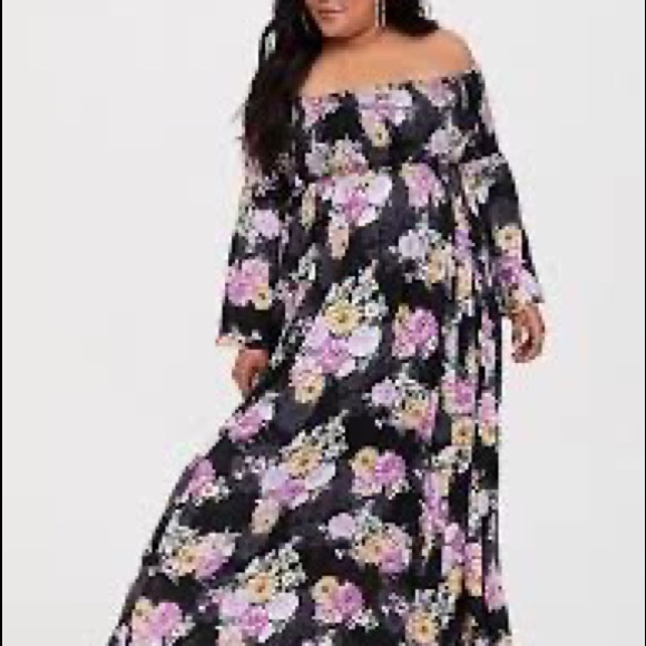torrid Dresses & Skirts - Torrid black floral challis off the shoulder maxi dress
